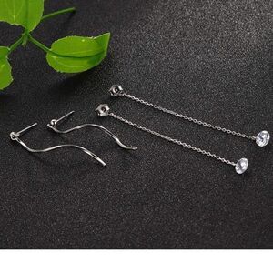 925 Sterling Silver Crystal CZ Single Chain Dangle Earrings with Stone *